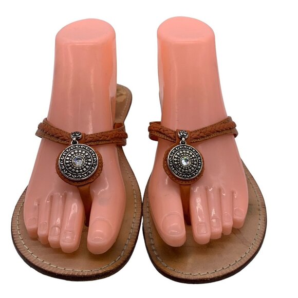 Brighton Leather Slip On Thong Sandals  Onyx Medallion Rhinestones Sz 7.5 M. #13 - Picture 1 of 8